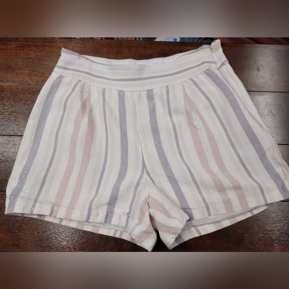 Express 6 Midi High Rise Linen Blend Shorts Striped Hidden Zipper Faux Pockets